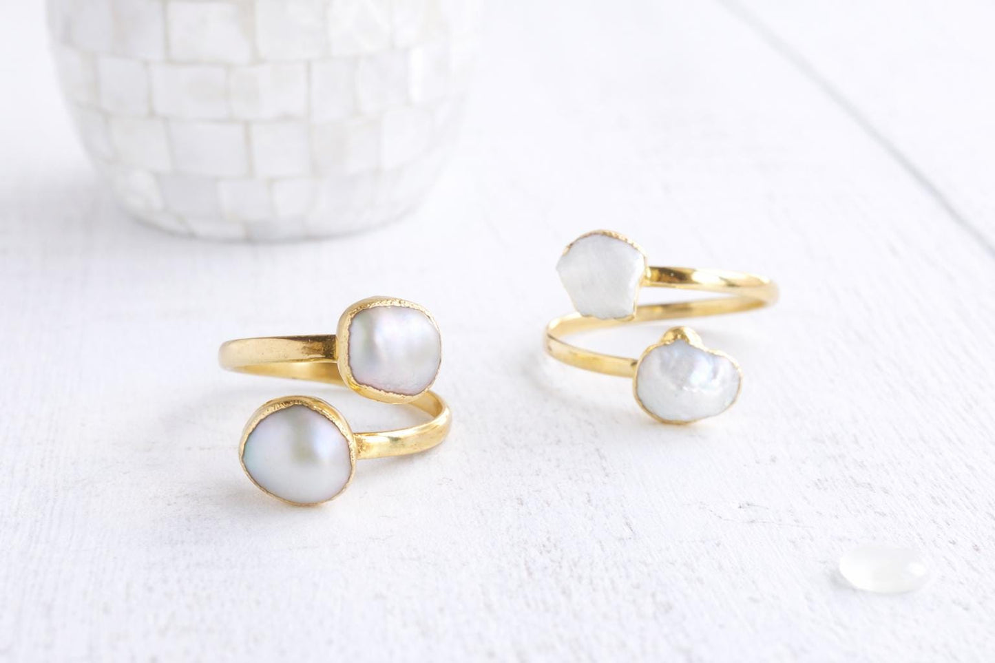 White Freshwater Pearl Ring Gold, June Birthstone Jewelry, Adjustable Open Wrap Ring, Minimalist Double Gemstone Ring, Crossover Ring