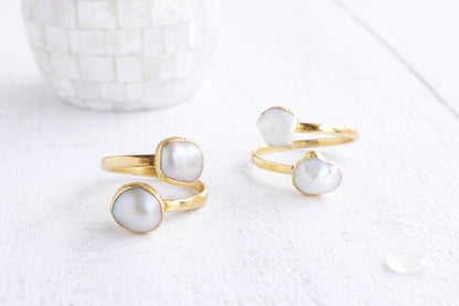 White Freshwater Pearl Ring Gold, June Birthstone Jewelry, Adjustable Open Wrap Ring, Minimalist Double Gemstone Ring, Crossover Ring
