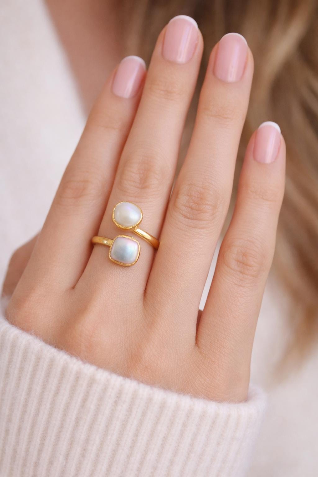 White Freshwater Pearl Ring Gold, June Birthstone Jewelry, Adjustable Open Wrap Ring, Minimalist Double Gemstone Ring, Crossover Ring