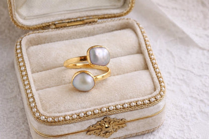 Gold Freshwater Pearl Crossover Ring, Peacock Pearl Double Gemstone Wrap Ring, June Birthstone Gift