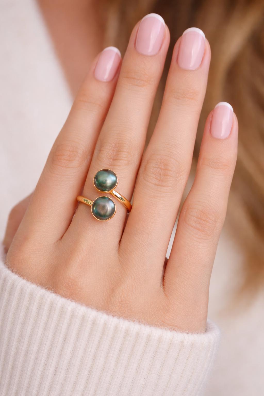 Gold Freshwater Pearl Crossover Ring, Peacock Pearl Double Gemstone Wrap Ring, June Birthstone Gift