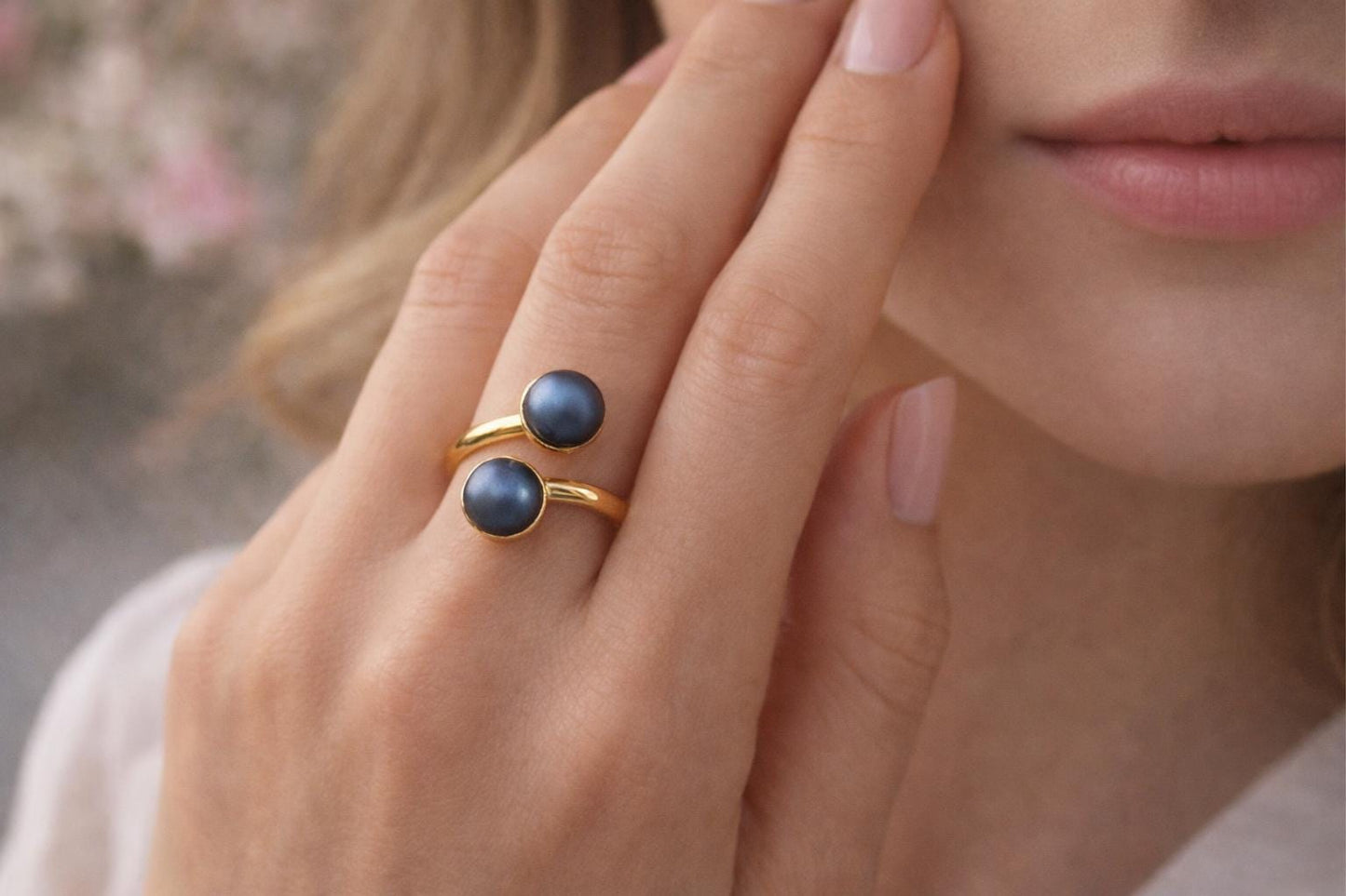 Gold Freshwater Pearl Crossover Ring, Peacock Pearl Double Gemstone Wrap Ring, June Birthstone Gift
