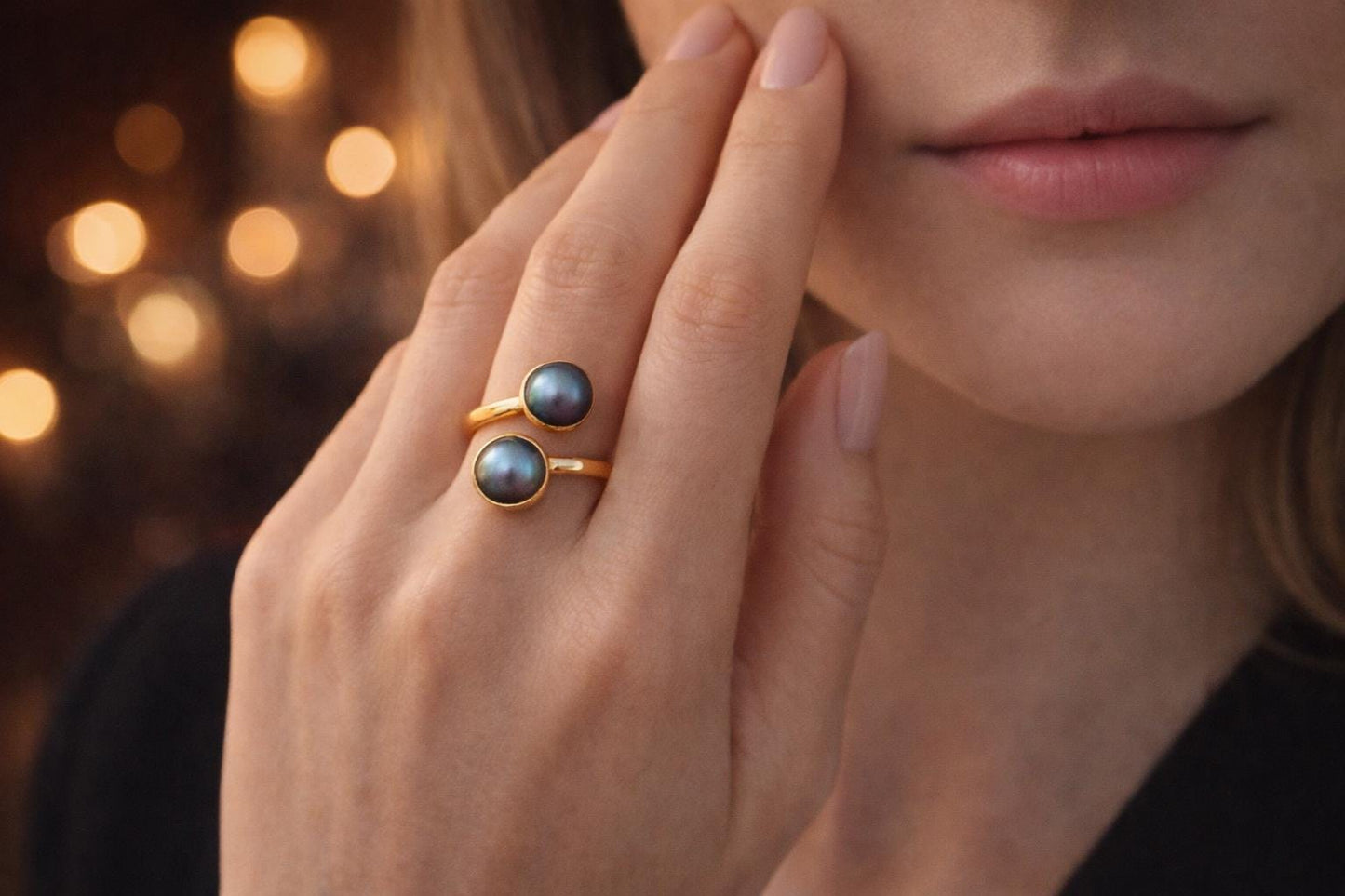 Gold Freshwater Pearl Crossover Ring, Peacock Pearl Double Gemstone Wrap Ring, June Birthstone Gift