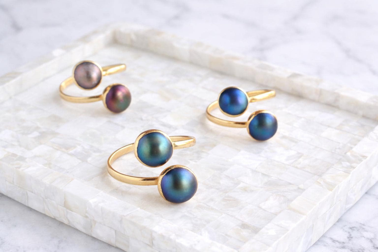Gold Freshwater Pearl Crossover Ring, Peacock Pearl Double Gemstone Wrap Ring, June Birthstone Gift