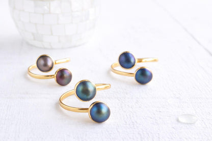Gold Freshwater Pearl Crossover Ring, Peacock Pearl Double Gemstone Wrap Ring, June Birthstone Gift