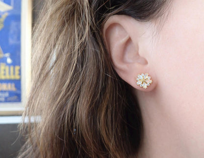 Opal Flower Stud Earrings Gold, October Birthstone Earrings, White Opal Post Earrings