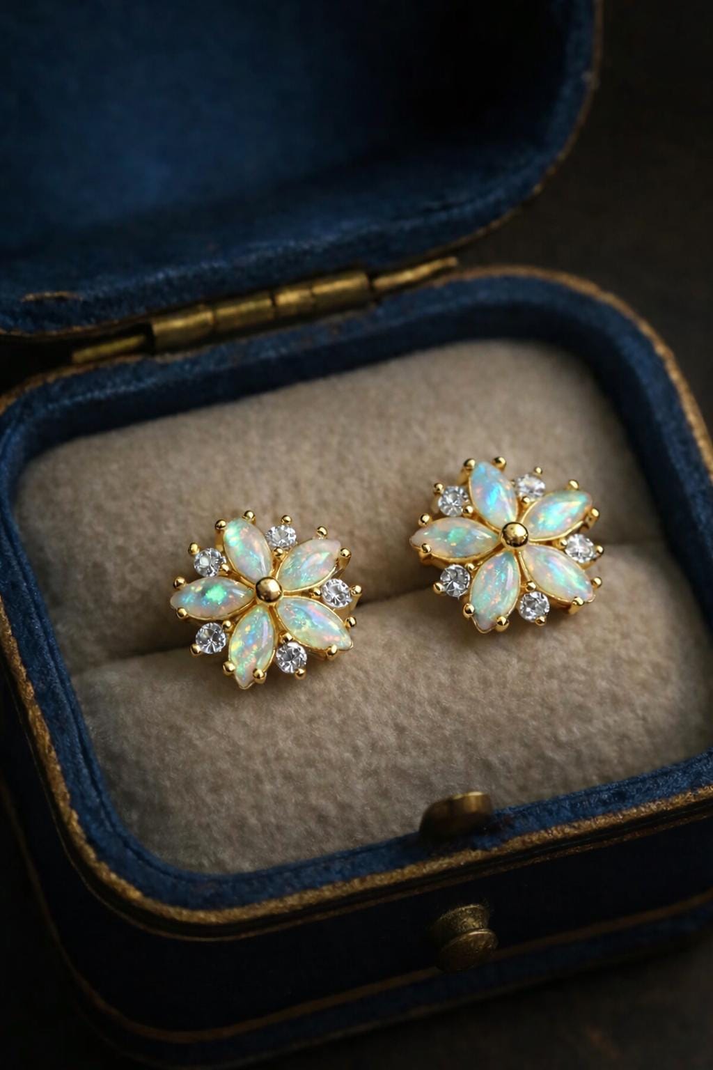 Opal Flower Stud Earrings Gold, October Birthstone Earrings, White Opal Post Earrings