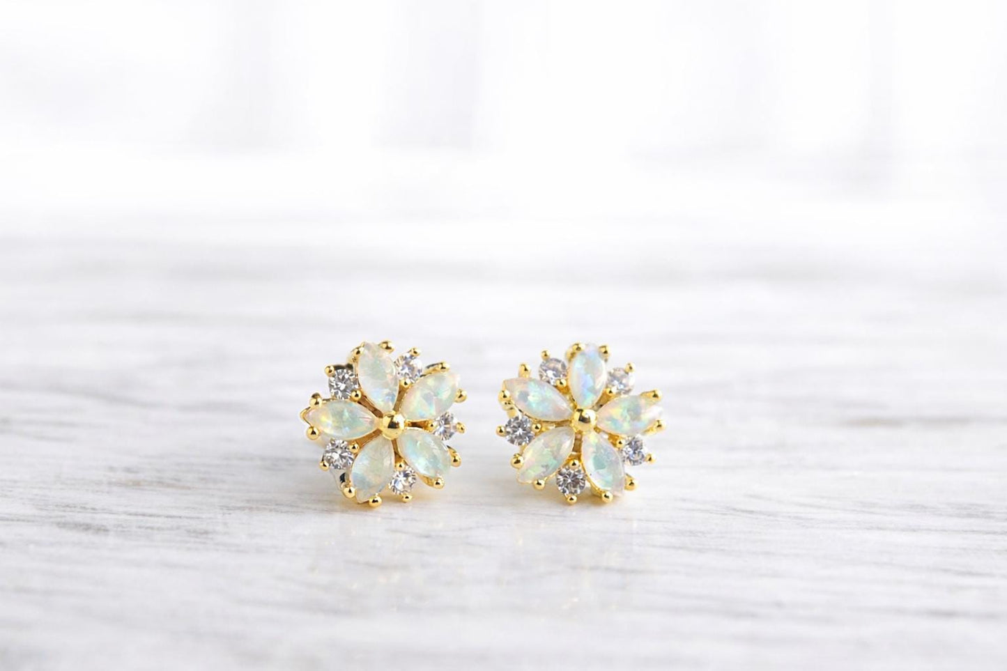 Opal Flower Stud Earrings Gold, October Birthstone Earrings, White Opal Post Earrings