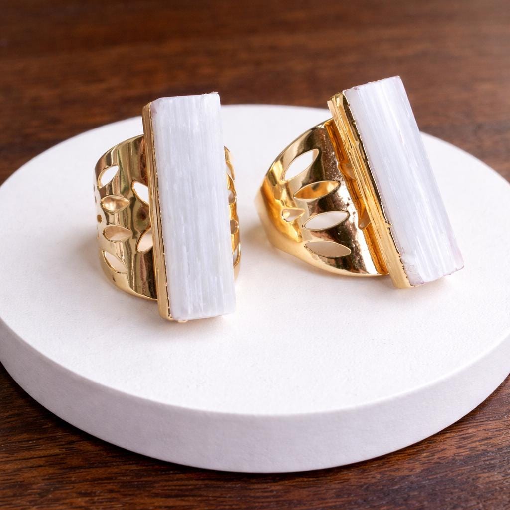 Chunky Selenite Ring, Large White Crystal Gemstone Ring,Raw Stone Statement Ring Adjustable