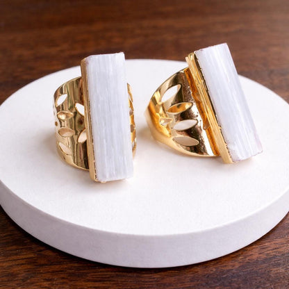 Chunky Selenite Ring, Large White Crystal Gemstone Ring,Raw Stone Statement Ring Adjustable