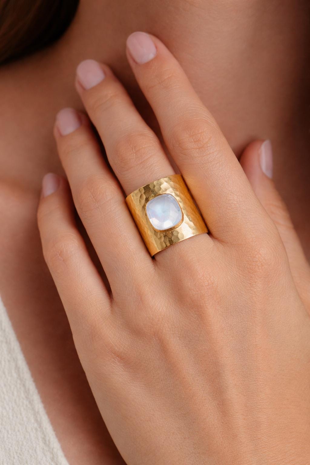 Moonstone Statement Ring | June Birthstone Ring, Hammered Wide Band Ring