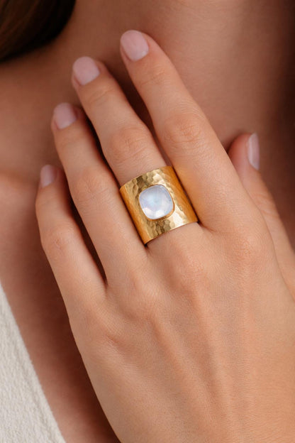 Moonstone Statement Ring | June Birthstone Ring, Hammered Wide Band Ring