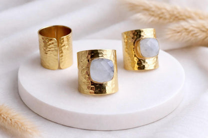 Moonstone Statement Ring | June Birthstone Ring, Hammered Wide Band Ring