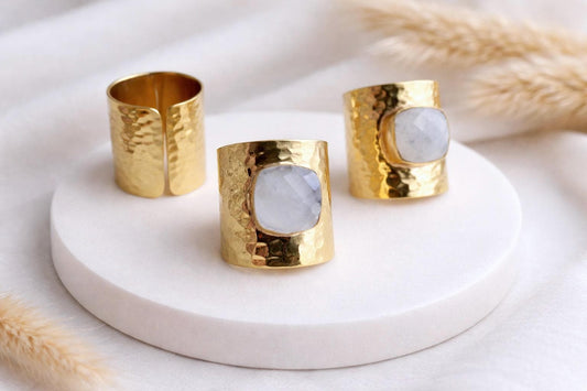 Moonstone Statement Ring | June Birthstone Ring, Hammered Wide Band Ring
