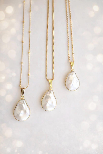 Baroque Style Cotton Pearl Pendant Necklace, June Birthstone Gift, Gold Fill Chain Necklace