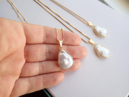 Baroque Style Cotton Pearl Pendant Necklace, June Birthstone Gift, Gold Fill Chain Necklace