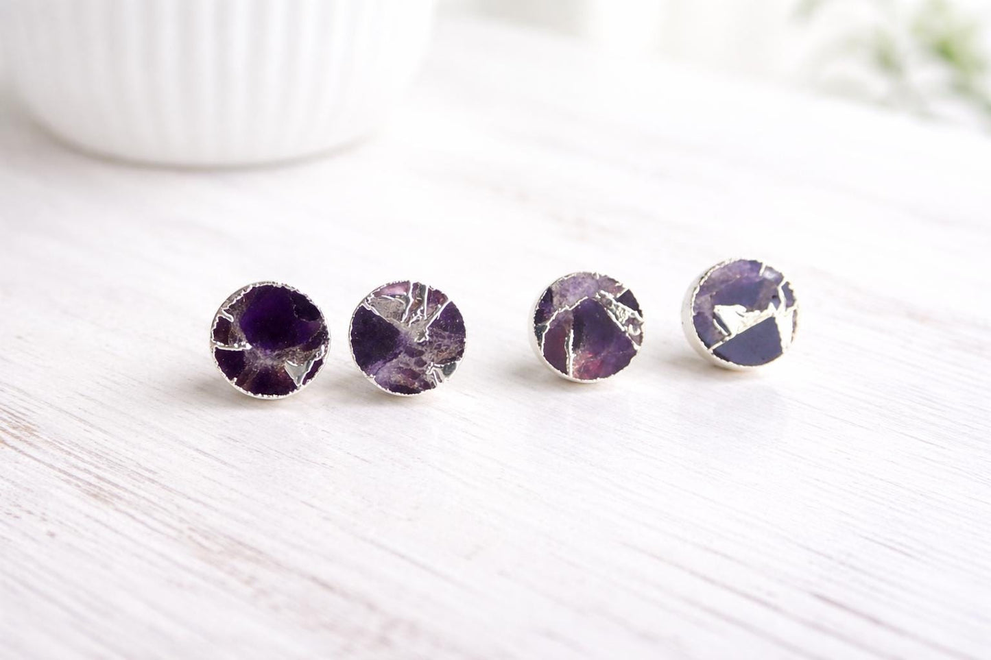 Purple Amethyst Mojave Stud Earrings – Round Gemstone Studs| Boho Minimalist Jewelry, February Birthstone Gift, Kintsugi Post Earrings