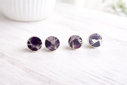 Purple Amethyst Mojave Stud Earrings – Round Gemstone Studs| Boho Minimalist Jewelry, February Birthstone Gift, Kintsugi Post Earrings