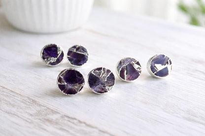 Purple Amethyst Mojave Stud Earrings – Round Gemstone Studs| Boho Minimalist Jewelry, February Birthstone Gift, Kintsugi Post Earrings