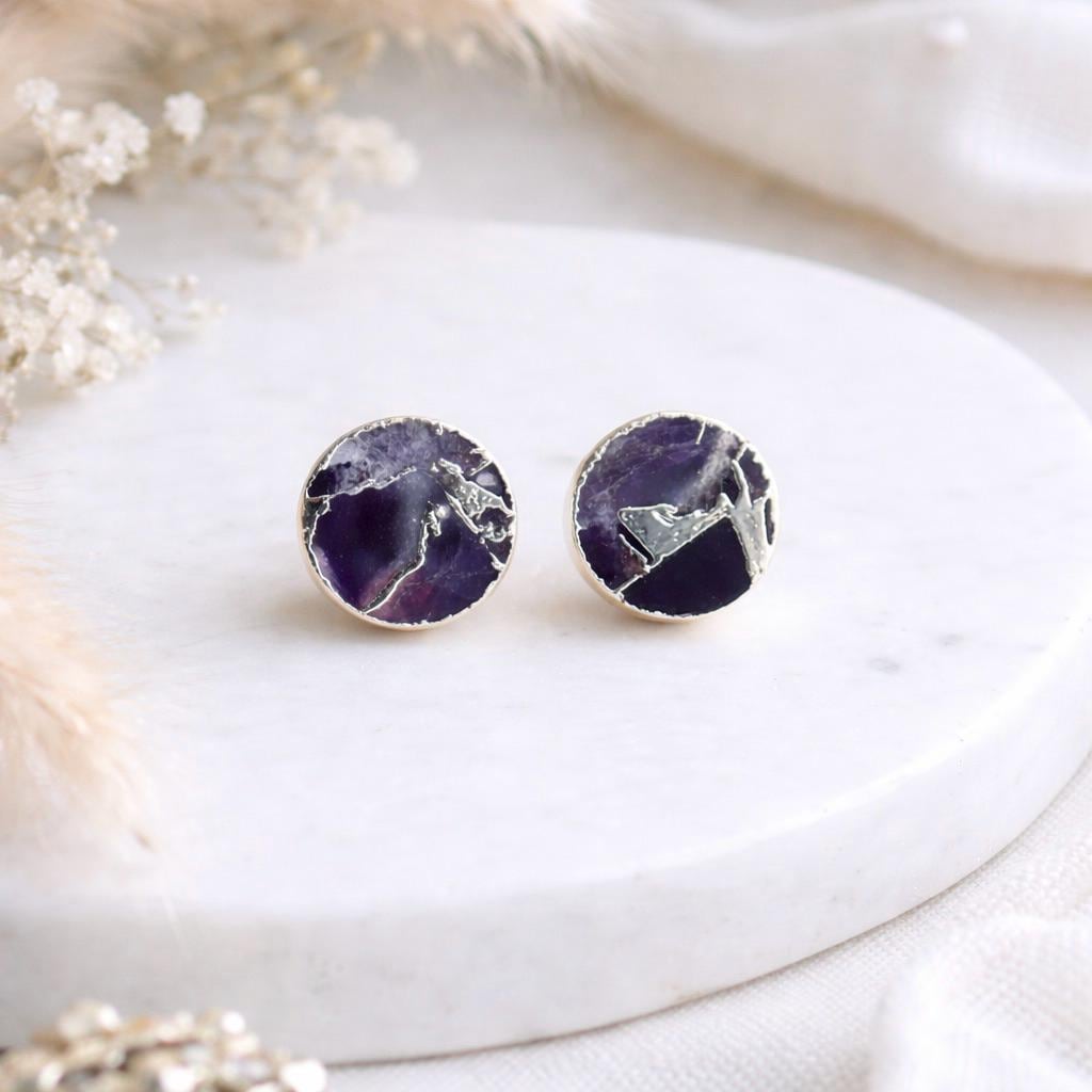 Purple Amethyst Mojave Stud Earrings – Round Gemstone Studs| Boho Minimalist Jewelry, February Birthstone Gift, Kintsugi Post Earrings