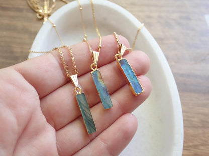 Flashy Labradorite Necklace, Blue Flash Labradorite Pendant, Minimalist Gemstone Bar Necklace