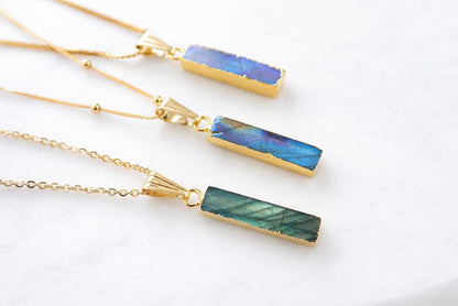 Flashy Labradorite Necklace, Blue Flash Labradorite Pendant, Minimalist Gemstone Bar Necklace