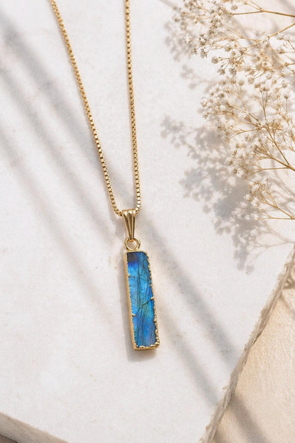 Flashy Labradorite Necklace, Blue Flash Labradorite Pendant, Minimalist Gemstone Bar Necklace