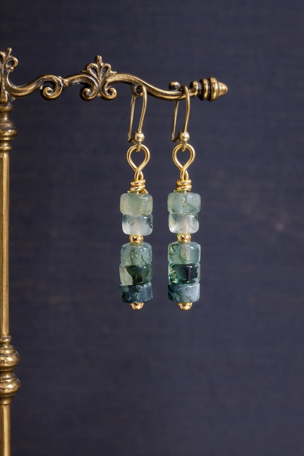 Moss Agate Danlge Earrings, Gemstone Jewelry Gold Filled, Dainty Green Gemstone Drop Earrings, Crystal Gift for Her