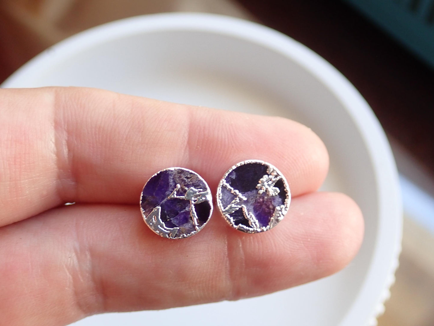 Purple Amethyst Mojave Stud Earrings – Round Gemstone Studs| Boho Minimalist Jewelry, February Birthstone Gift, Kintsugi Post Earrings