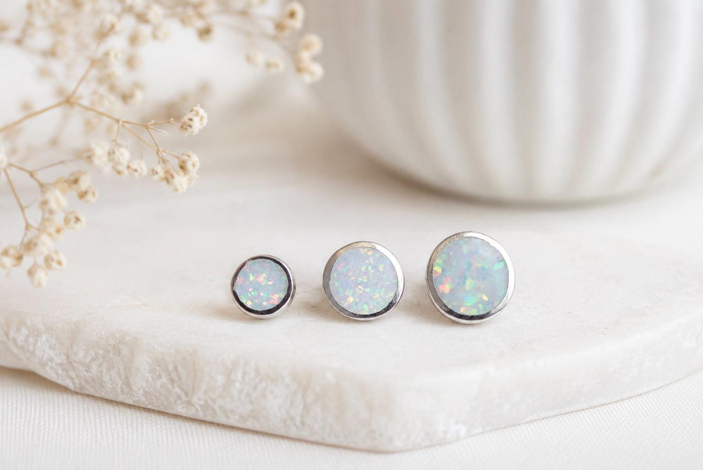 Opal Stud Earrings Sterling Silver | Tiny Opal Earrings | Minimalist Studs,October Birthstone Gift, Cartilage & Second Hole Stackable Studs