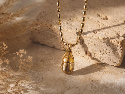 Gold Scarab Pendant Necklace, Ancient Egyptian Jewelry, 12k Antique Gold Ball Chain, Chunky Layering Necklace, Vintage Style Gold Jewelry