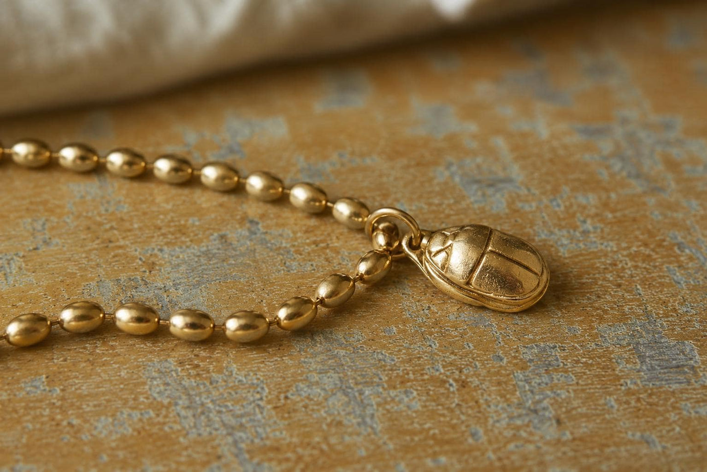 Gold Scarab Pendant Necklace, Ancient Egyptian Jewelry, 12k Antique Gold Ball Chain, Chunky Layering Necklace, Vintage Style Gold Jewelry