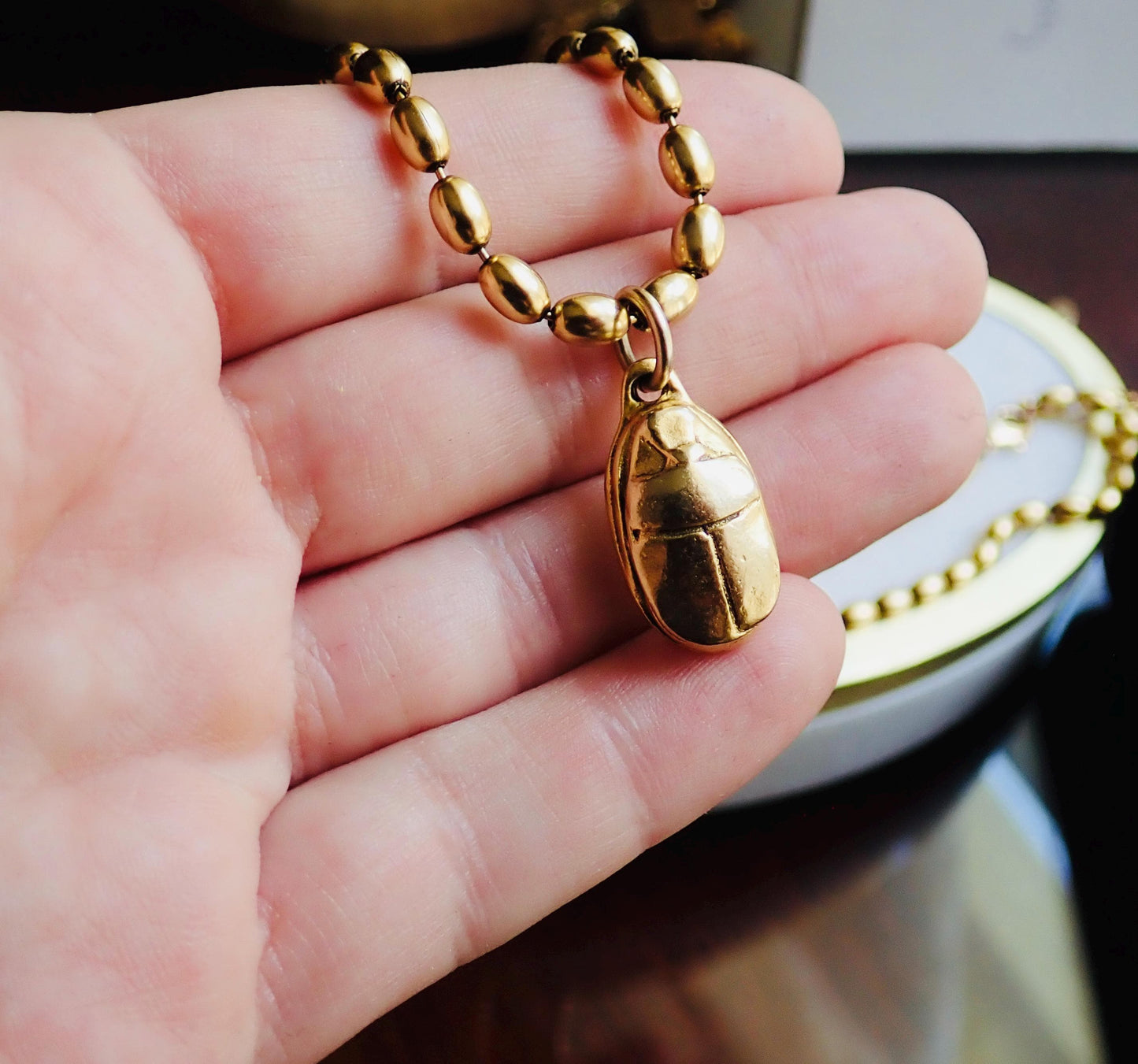 Gold Scarab Pendant Necklace, Ancient Egyptian Jewelry, 12k Antique Gold Ball Chain, Chunky Layering Necklace, Vintage Style Gold Jewelry