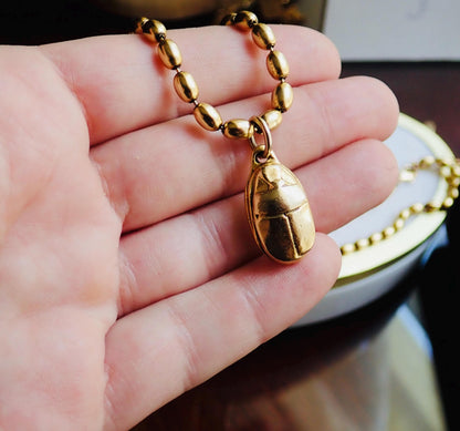 Gold Scarab Pendant Necklace, Ancient Egyptian Jewelry, 12k Antique Gold Ball Chain, Chunky Layering Necklace, Vintage Style Gold Jewelry