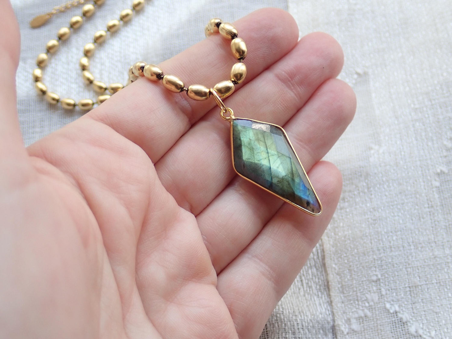 Blue Flash Labradorite Necklace, Gold Gemstone Pendant Necklace, Boho Layering Necklace