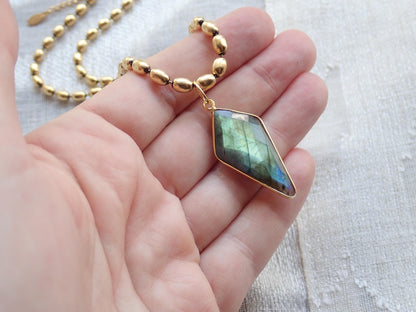 Blue Flash Labradorite Necklace, Gold Gemstone Pendant Necklace, Boho Layering Necklace