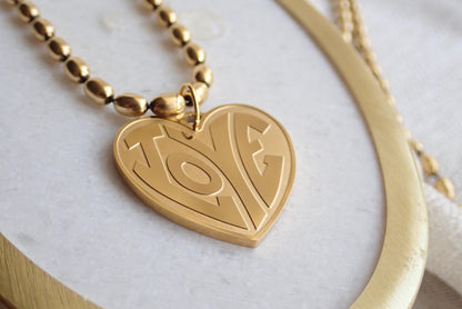 Gold Fill LOVE Necklace, Chunky Heart Necklace, Retro Gold Statement Necklace, Bold Layering Jewelry