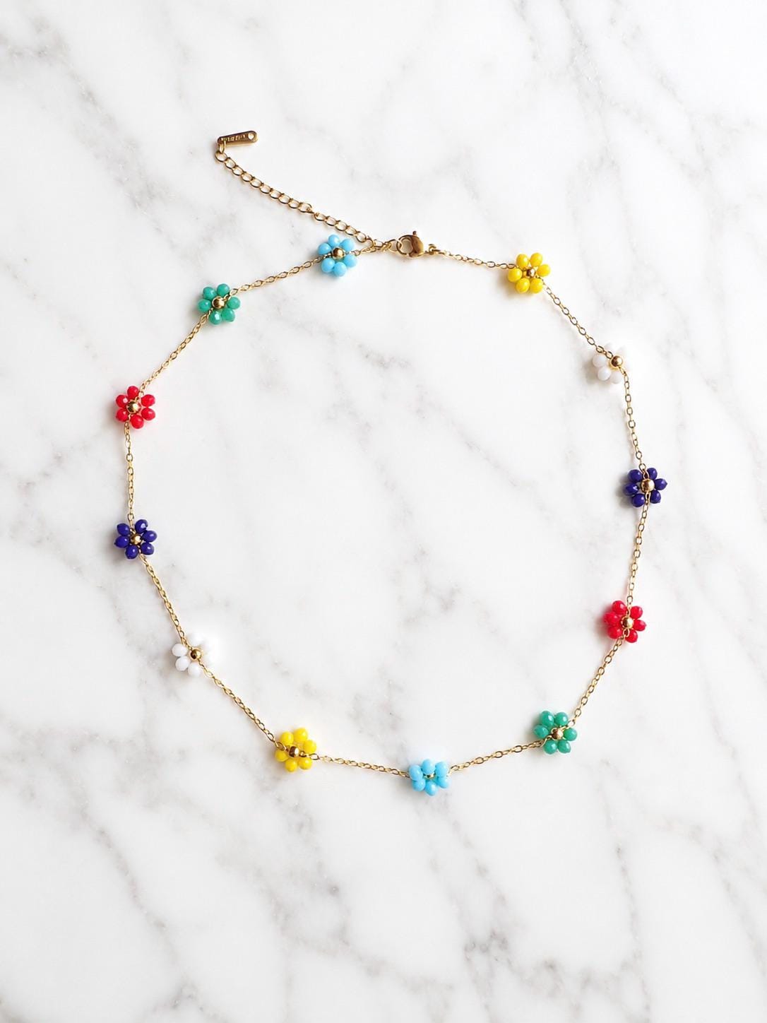 Colorful Waterproof Gold Necklace | Beaded Flower Necklace | Floral Summer Jewelry for Women | No Tarnish Beachy Boho Jewelry | Gift for Her