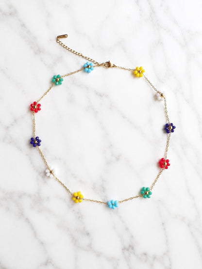 Colorful Waterproof Gold Necklace | Beaded Flower Necklace | Floral Summer Jewelry for Women | No Tarnish Beachy Boho Jewelry | Gift for Her
