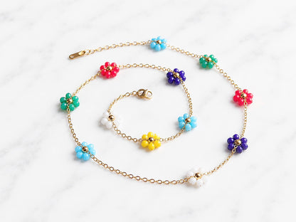 Colorful Waterproof Gold Necklace | Beaded Flower Necklace | Floral Summer Jewelry for Women | No Tarnish Beachy Boho Jewelry | Gift for Her