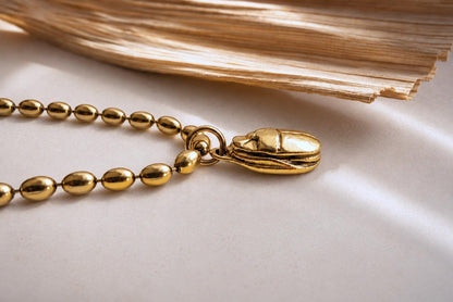 Gold Scarab Pendant Necklace, Ancient Egyptian Jewelry, 12k Antique Gold Ball Chain, Chunky Layering Necklace, Vintage Style Gold Jewelry