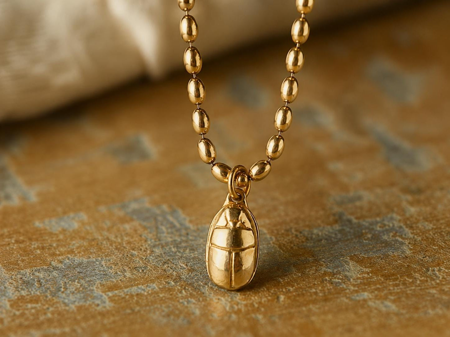 Gold Scarab Pendant Necklace, Ancient Egyptian Jewelry, 12k Antique Gold Ball Chain, Chunky Layering Necklace, Vintage Style Gold Jewelry