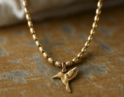 Antiqued Gold Hummingbird Pendant Necklace, Symbolic Bird Charm Necklace, Good Luck Jewelry,