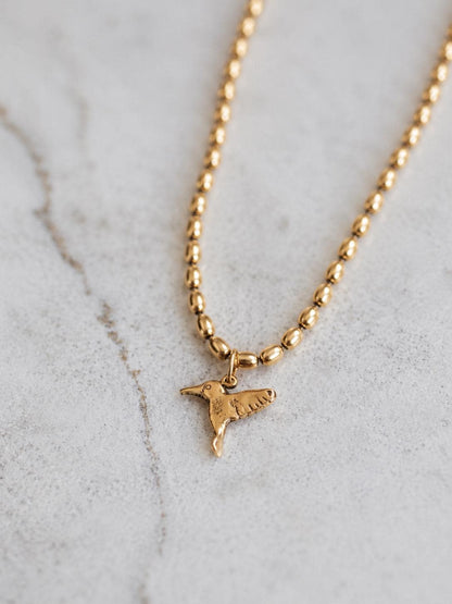 Antiqued Gold Hummingbird Pendant Necklace, Symbolic Bird Charm Necklace, Good Luck Jewelry,