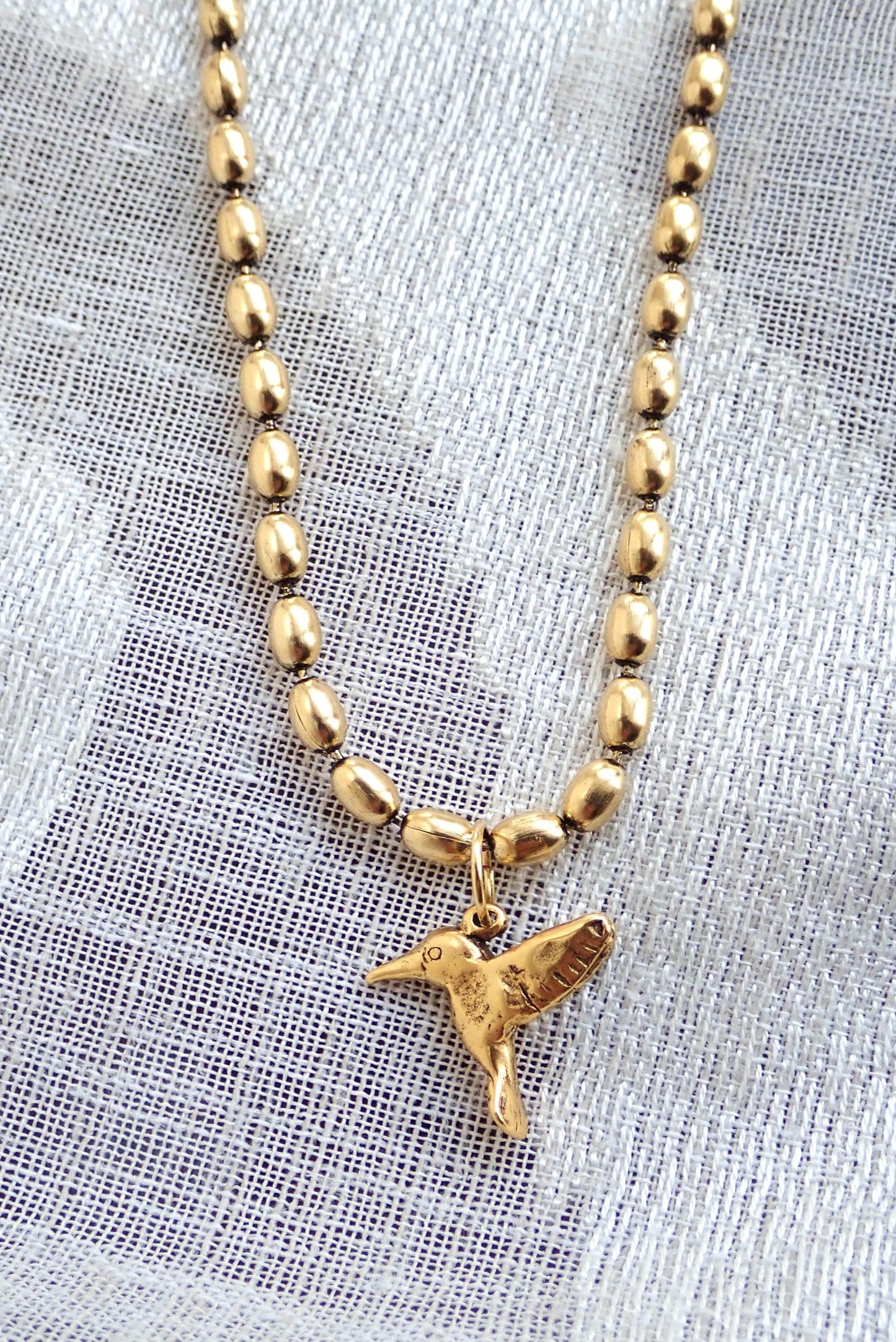 Antiqued Gold Hummingbird Pendant Necklace, Symbolic Bird Charm Necklace, Good Luck Jewelry,