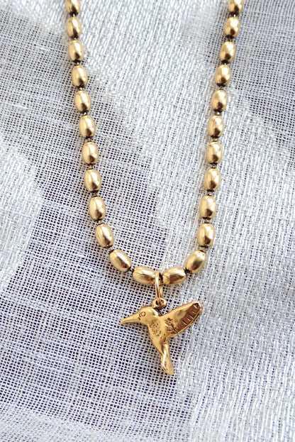 Antiqued Gold Hummingbird Pendant Necklace, Symbolic Bird Charm Necklace, Good Luck Jewelry,