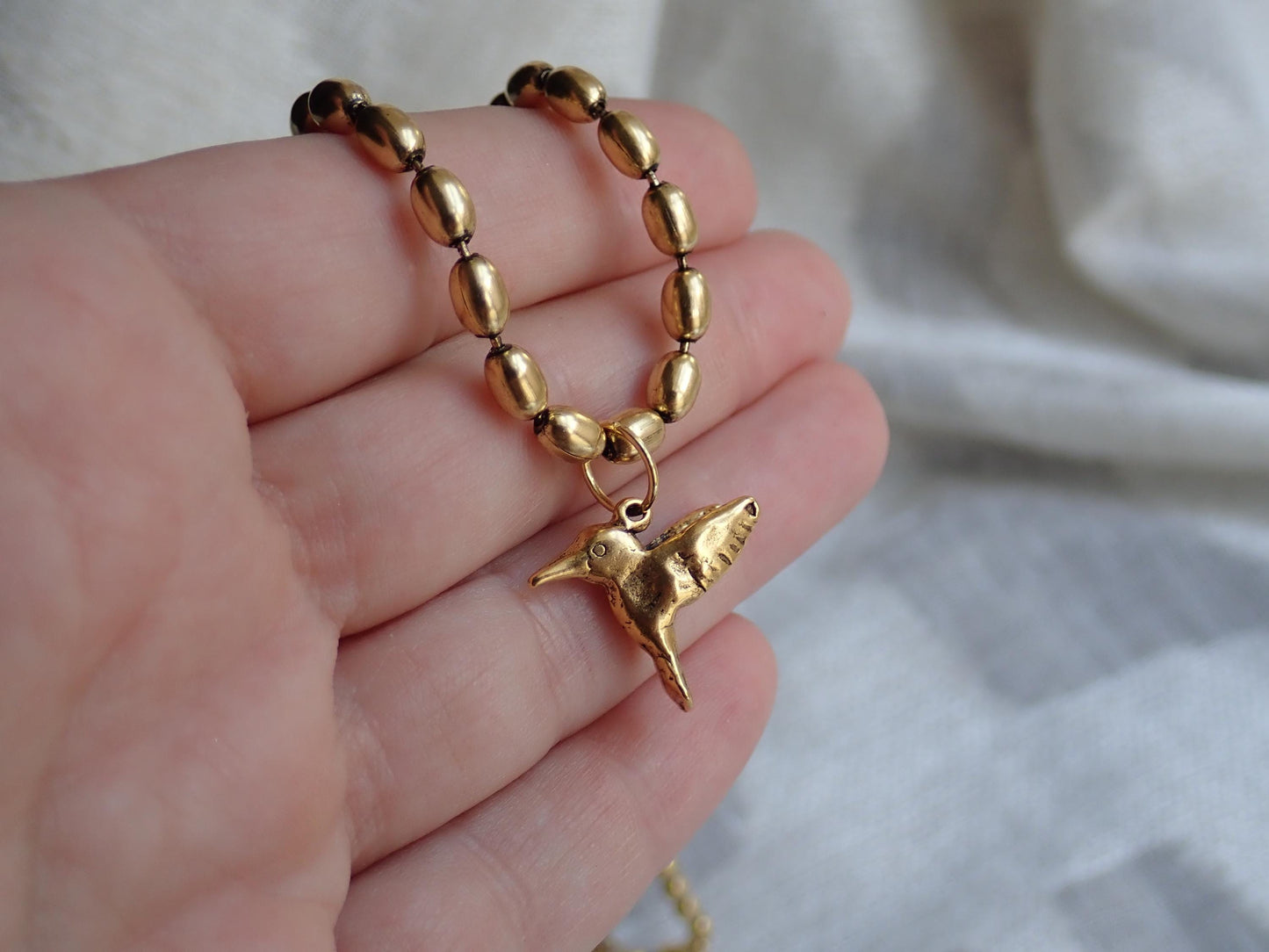 Antiqued Gold Hummingbird Pendant Necklace, Symbolic Bird Charm Necklace, Good Luck Jewelry,