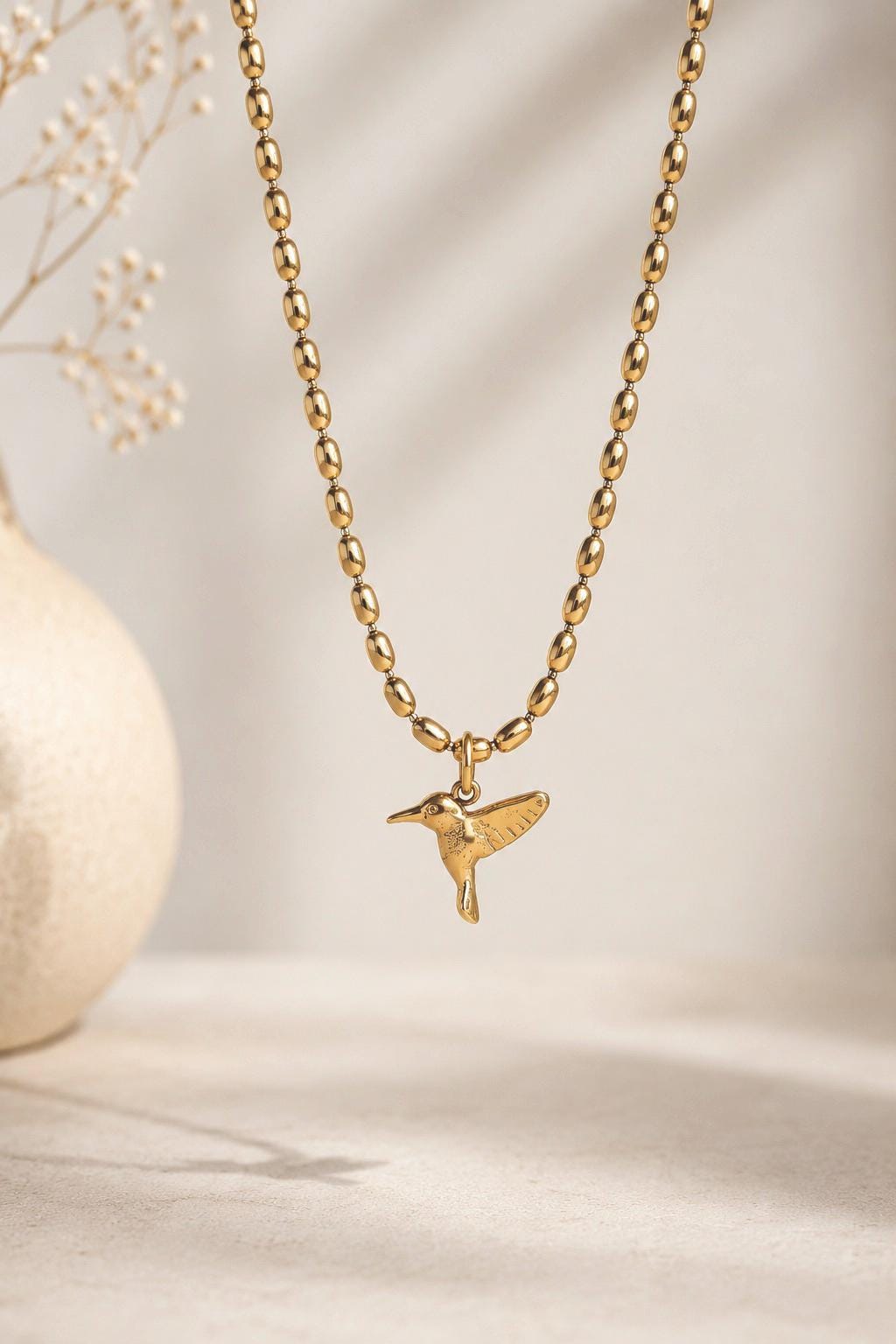 Antiqued Gold Hummingbird Pendant Necklace, Symbolic Bird Charm Necklace, Good Luck Jewelry,
