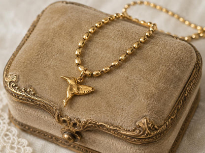 Antiqued Gold Hummingbird Pendant Necklace, Symbolic Bird Charm Necklace, Good Luck Jewelry,