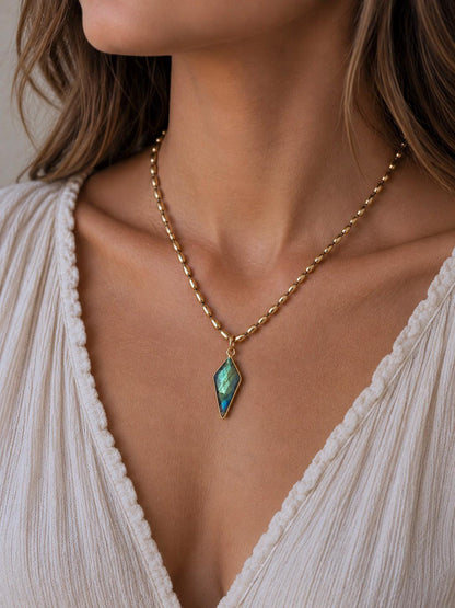 Blue Flash Labradorite Necklace, Gold Gemstone Pendant Necklace, Boho Layering Necklace